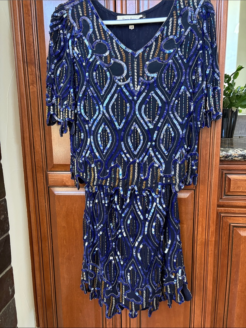 Neiman Marcus SX Sapphire & Silver Sequin Beaded 2 piece evening-wear.